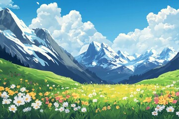 Snowy Peaks Vista with Wildflower Meadow in Bloom Serene Anime Style Landscape of Mountains and Flowers