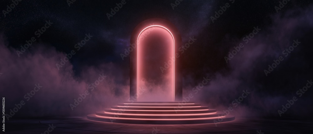 Poster stage with a large archway in the center. the archway is lit up with a pink glow, creating a dramati