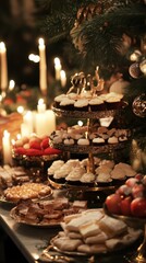 Festive Christmas Dessert Buffet Display With Candles