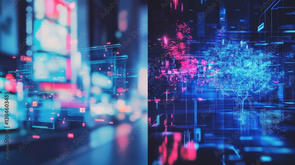 Aufkleber technological cityscape blends with digital nature in an abstract visualization. generative ai
