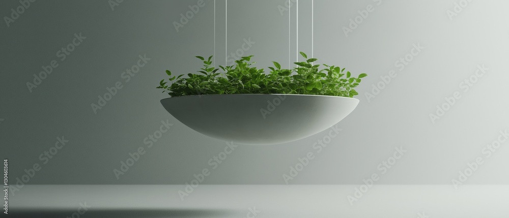 Poster white hanging planter with small green plants in it. the planter is in the shape of a bowl and is su