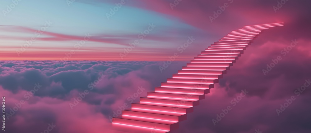 Poster staircase leading up to the top of a cloud. the staircase is made up of multiple steps that are lit 