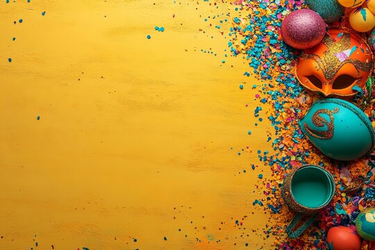 A Venice Carnival and Mardi Gras themed banner template featuring masquerade masks with intricate gold and purple designs, surrounded by colorful confetti and ribbons on a bright yellow background