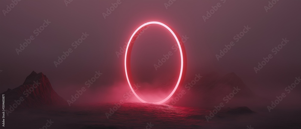 Poster digital illustration of a large, circular ring of light in the center of a dark, foggy landscape. th