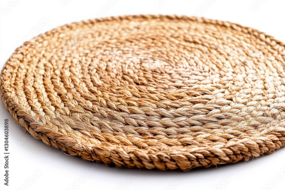 Poster woven placemat of natural fibers in a spiral pattern on a white surface creating a rustic and organi