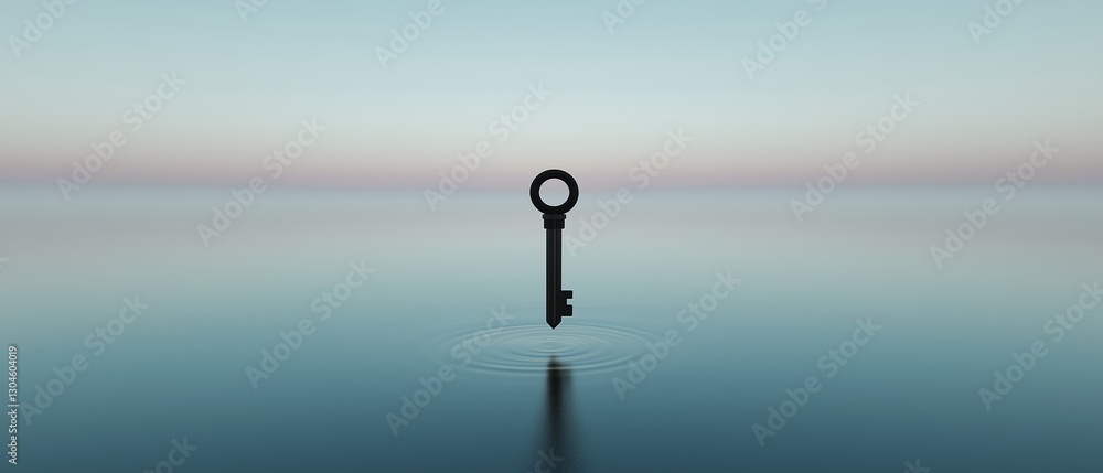 Poster digital illustration of a key floating in the middle of a body of water. the key is black and appear