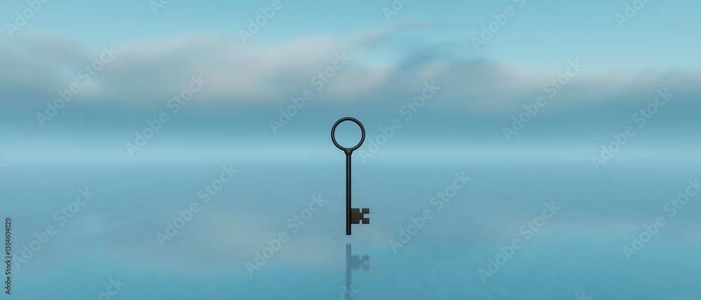 Poster digital illustration of a key in the middle of a body of water. the key is black and has a round han