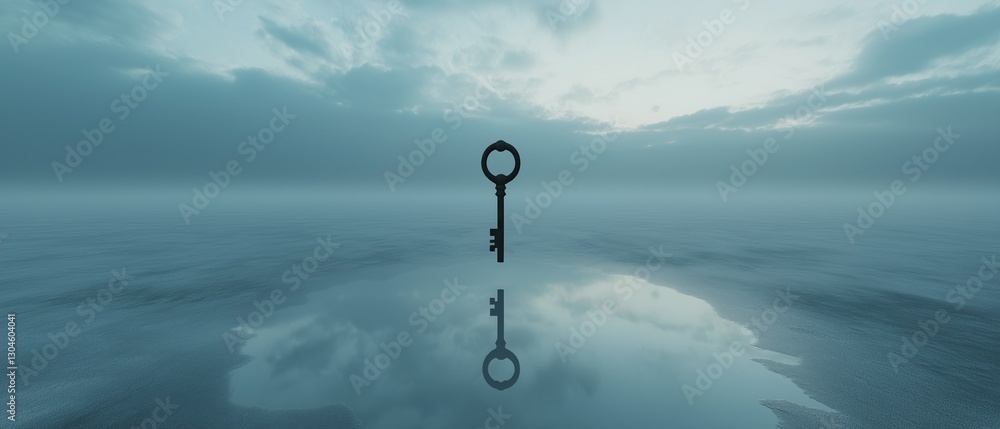 Poster digital illustration of a key floating in the middle of a vast body of water. the key is in the cent