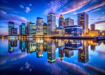 Naklejka premium London Canary Wharf Skyline Night Long Exposure South Dock Cityscape