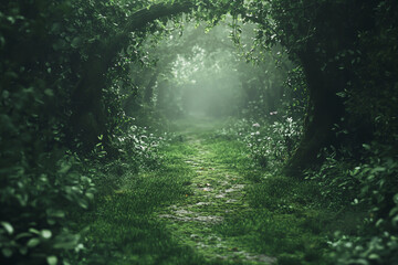 Fototapeta premium Beautiful forest path with moss and plants in the dark green forest. Serene nature background.