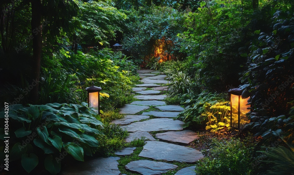 Poster rustic stone pathway surrounded by lush greenery, softly illuminated to create a serene and inviting