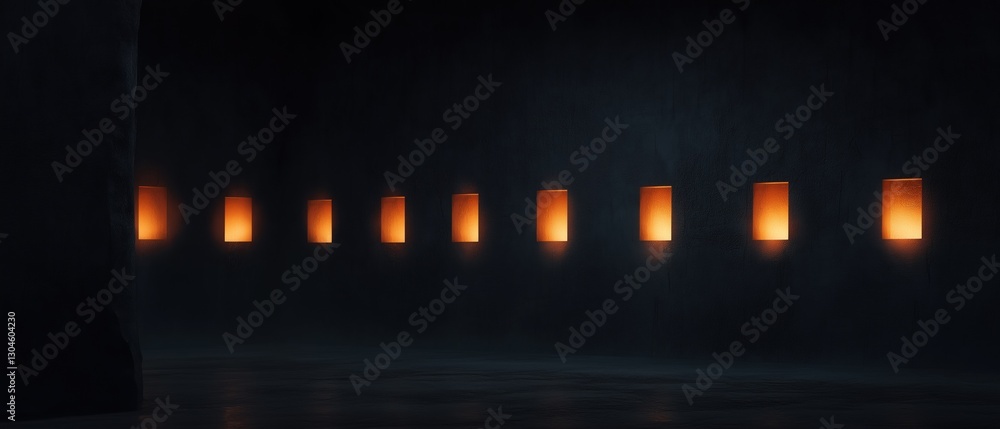 Poster row of orange rectangular lights arranged in a diagonal line on a dark background. the lights are ar