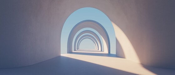 Naklejka premium Empty room with a large archway in the center. the archway is made up of multiple layers of white walls, creating a tunnel-like shape.