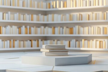 Minimalist Book Stack on White Hexagon Podium in Modern Library Setting