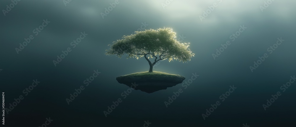 Poster digital illustration of a small island in the middle of the ocean. the island is covered in green mo