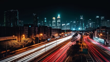 Nighttime Cityscape with Light Trails and Modern Architecture