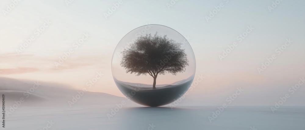 Poster digital illustration of a spherical object with a tree inside it. the sphere is placed on a flat sur
