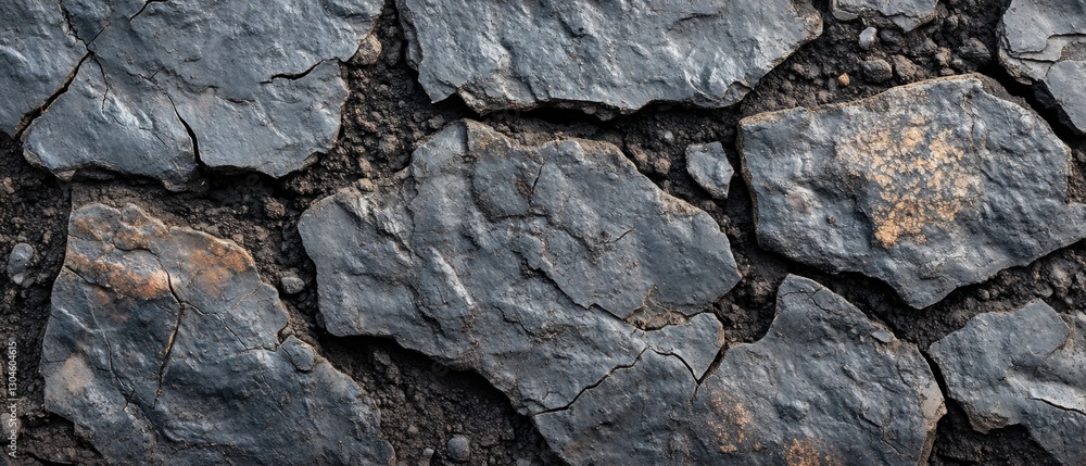 Poster dark gray slate stone texture with cracks and soil background close up view for construction materia