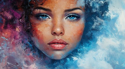 Portrait of woman with blue eyes surrounded by abstract painted background