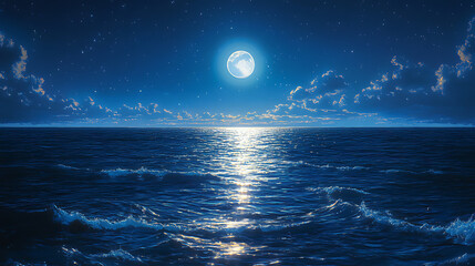 Serene moonlit ocean scene with gentle waves reflecting light under a starry sky at night
