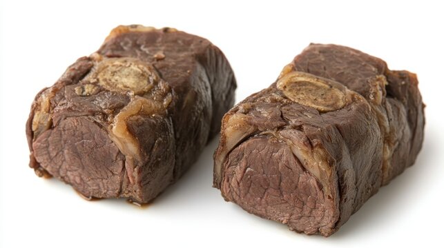 Two succulent braised beef shanks presented on a pristine white backdrop creating an inviting culinary scene