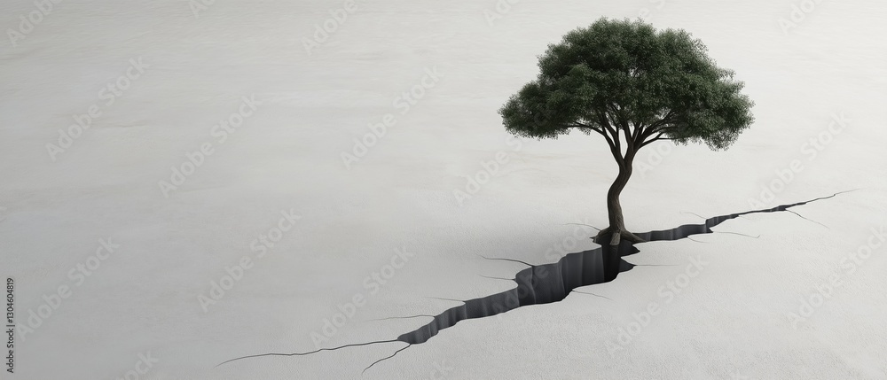 Aufkleber single tree standing on top of a large crack in the ground. the tree is tall and slender with a thic