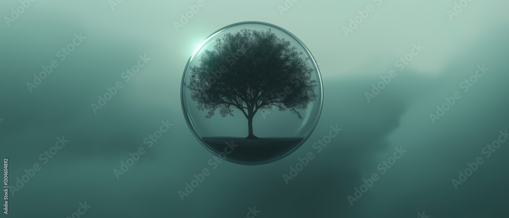 Poster digital illustration of a tree in a circular frame. the tree is in the center of the frame and is su