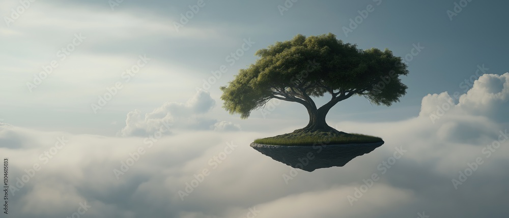 Aufkleber small island in the middle of a vast sky filled with fluffy white clouds. the island is floating in 