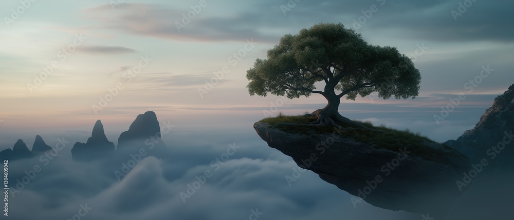 Aufkleber landscape photograph of a large tree on top of a cliff. the tree is a single tree with a thick trunk