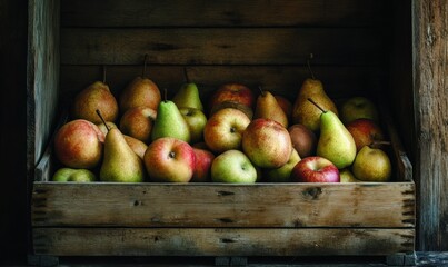 Box filled with pears and apples in rustic wooden crate.