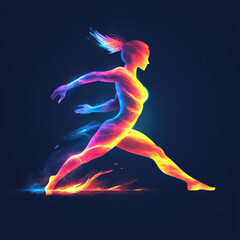 Fototapeta premium Pixelated Silhouette of Running Woman with Dynamic Colorful Energy Trails on Dark Background Featuring a Glowing Futuristic Design and Abstract Shape