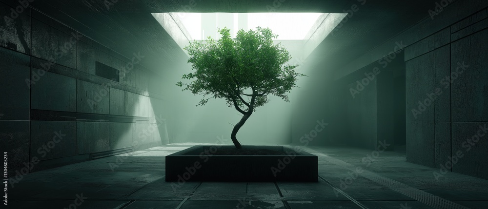 Poster small tree in a square-shaped planter in the middle of a dimly lit room. the room has a high ceiling