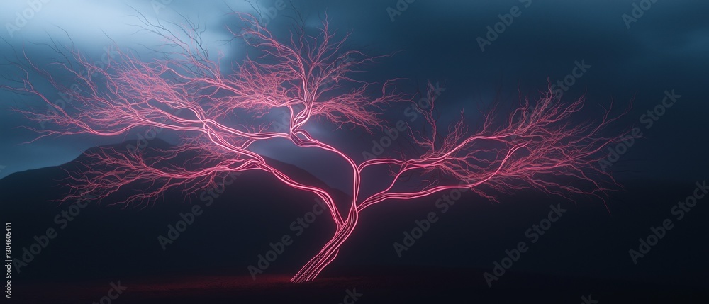 Poster digital illustration of a tree with a dark background. the tree is in the center of the image, with 