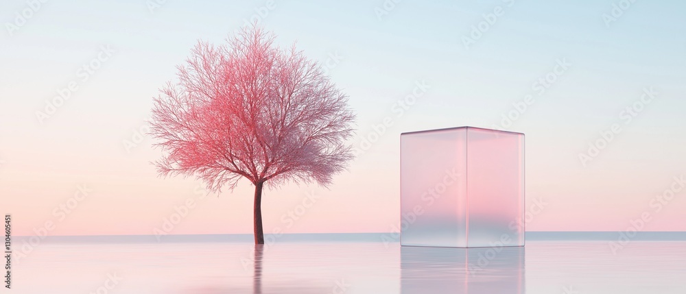 Poster single tree on the left side of the frame, with its branches reaching up towards the sky. the tree i