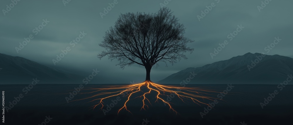 Aufkleber digital illustration of a lone tree in the middle of a vast landscape. the tree is standing alone in
