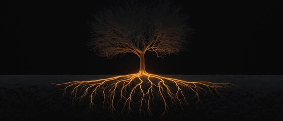 Digital illustration of a tree with its roots spread out in a dark background. the tree appears to be bare, with no leaves or branches, and its trunk is twisted and gnarled.