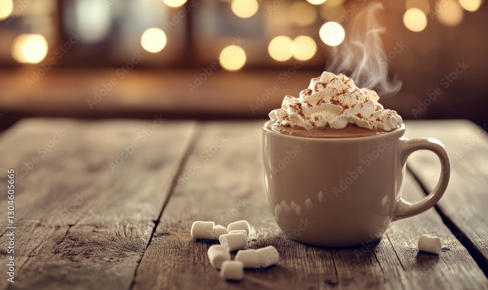 Poster rustic wooden table with a steaming cup of hot cocoa topped with whipped cream and marshmallows, sof