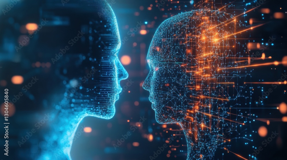Poster exploration of human and artificial intelligence connection in a futuristic digital landscape. gener
