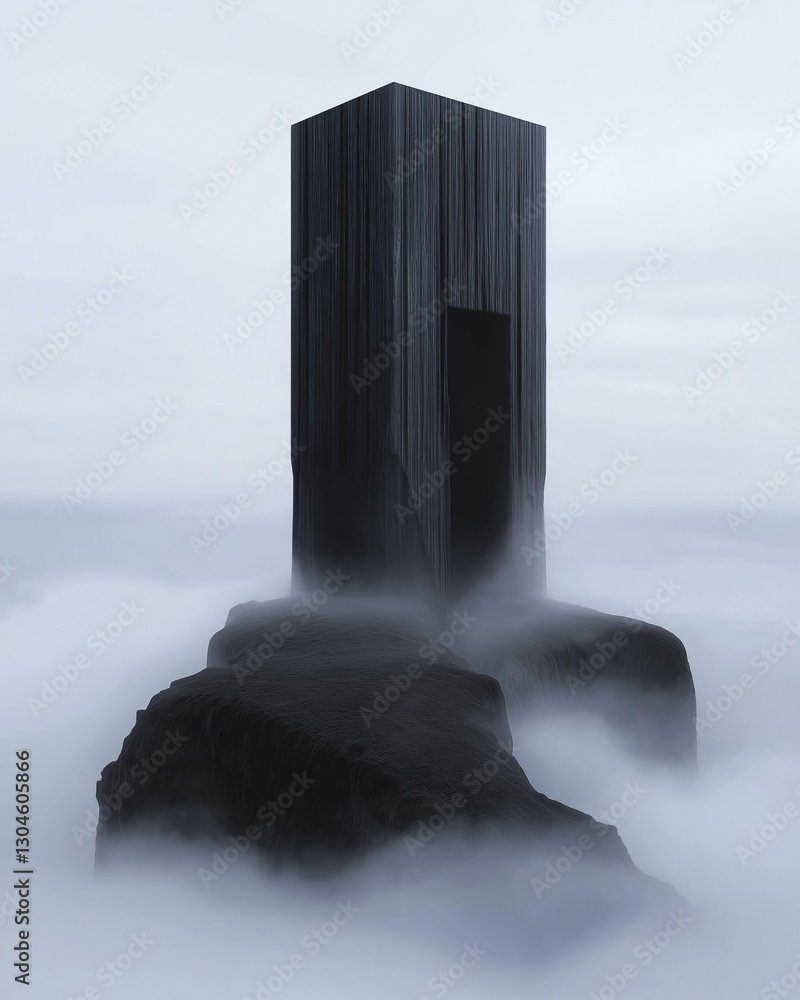Poster tall, rectangular structure standing on top of a large rock in the middle of a foggy landscape.