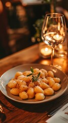 Gnocchi Dish with Cheese and Herbs Romantic Dinner Setting