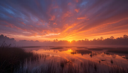 Scenic sunset over misty lake, golden hour reflection, dramatic colorful sky, wispy clouds, tranquil water surface, silhouetted trees, panoramic landscape, ethereal atmosphere, nature photography, vib