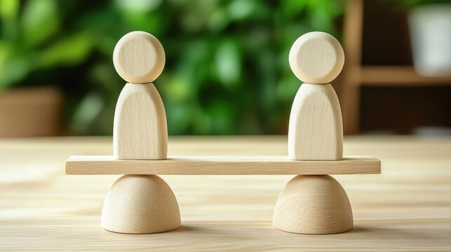 Wooden figures balancing scale on seesaw home office wooden sculpture modern interior close-up balance concept