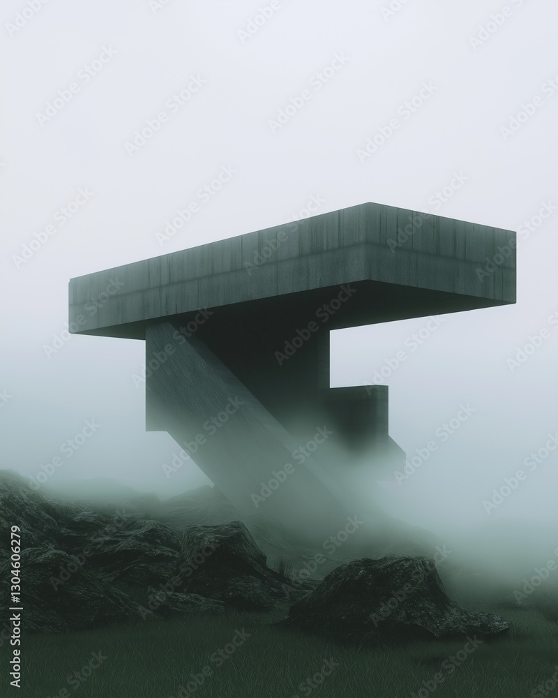 Poster digital art piece that appears to be a surreal landscape. it is a photograph of a concrete structure