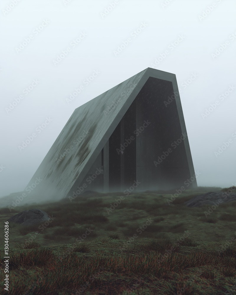 Poster triangular structure, which appears to be a building or a structure, standing on a grassy hill. the 