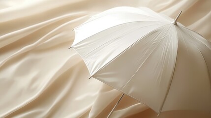 A pristine white umbrella, its sleek silhouette framed against the gentle backdrop of a soft beige, exudes an aura of minimalist elegance and sophistication.