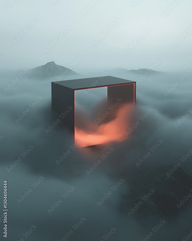 Poster digital illustration of a cube floating in the middle of a foggy landscape. the cube is black and ap