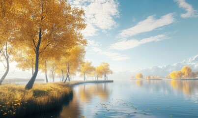 Obraz premium Scenic autumn landscape with golden trees lining a calm lake under soft natural light, creating a serene and expansive outdoor scene