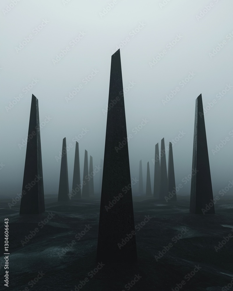 Poster group of tall, obelisks standing in a line on a foggy ground. the sky is a hazy grey color and the g