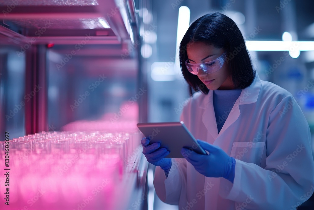 Poster focused scientist using tablet in laboratory with pink illumination and test tubes for research and 