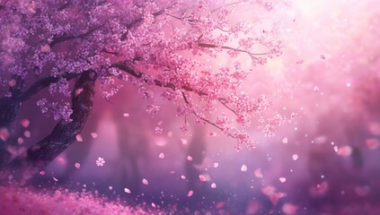 Pink cherry blossoms falling in a dreamy forest.